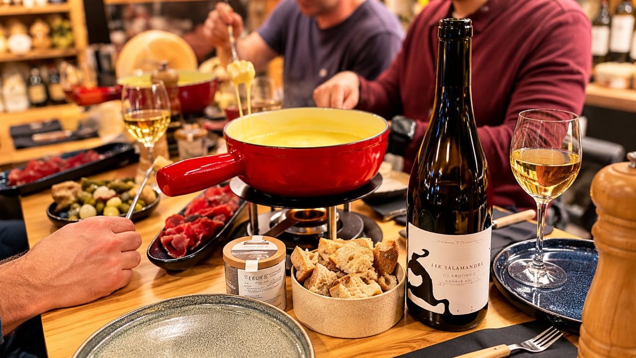 Fondue al formaggio in un accogliente negozio di formaggi a Ginevra