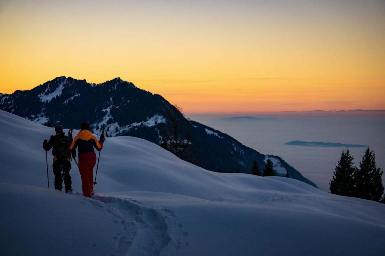 Snowshoe tour and sledding with fondue in Davos