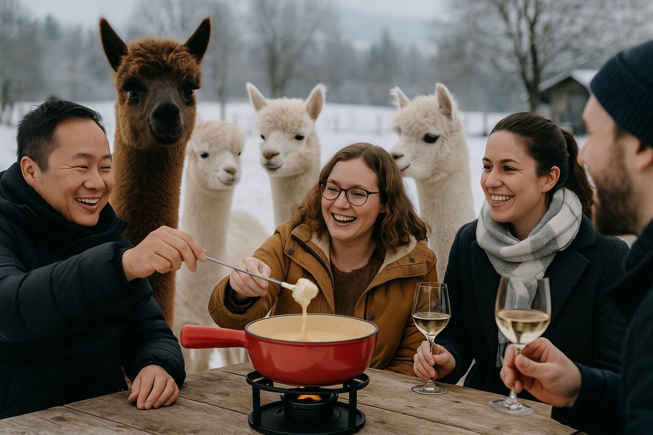 Fondue surrounded by alpacas